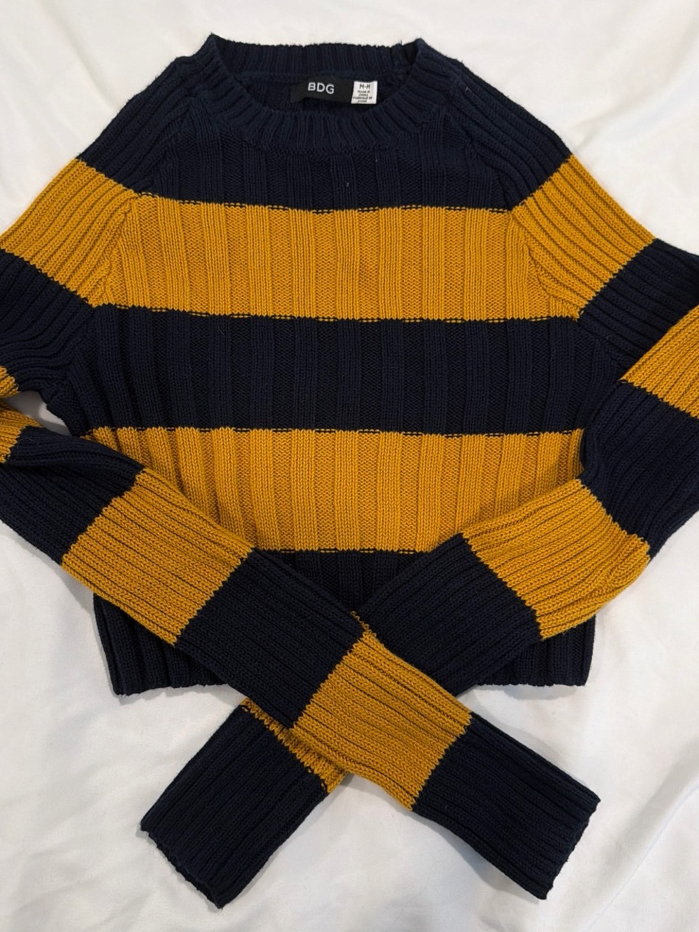 BDG Navy and yellow Wide-Stripe Ribbed Crewneck Sweater